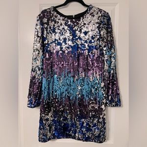 Plus Long Sleeve Sequin Mini Dress In Multi Sequin With Shoulder Pads